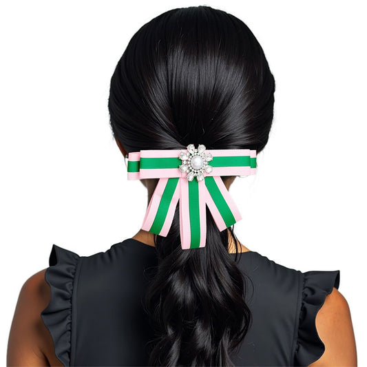 AKA Sorority Pink Green Bow Tie Style Brooch