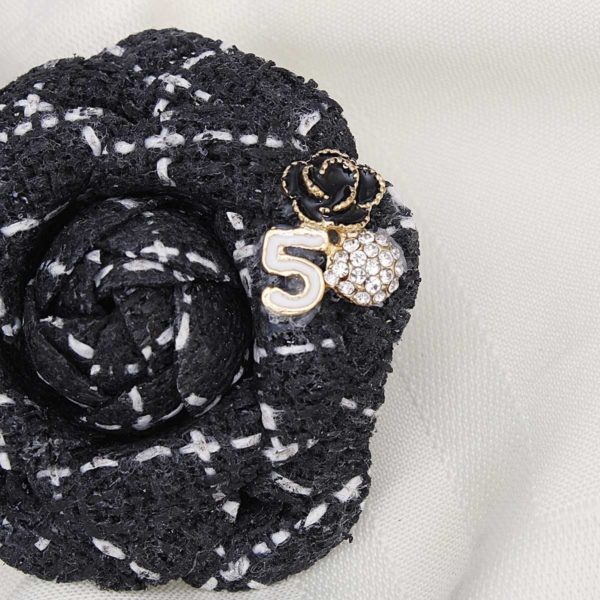 Brooch Couture Black Tweed Camellia Bloom Pin