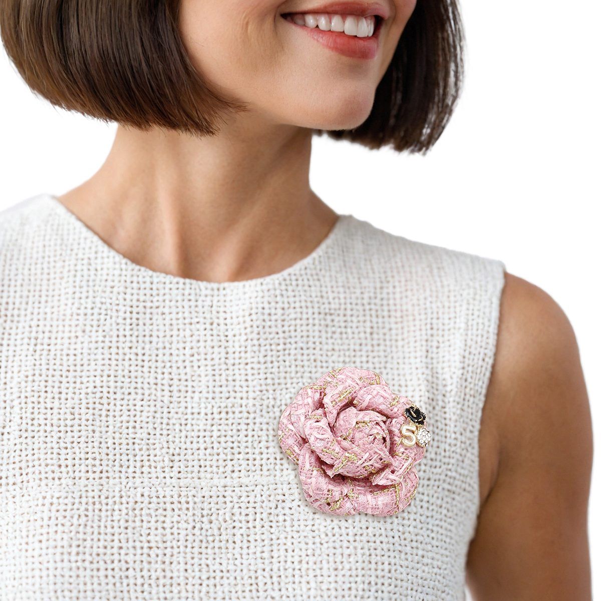 Brooch Couture Pink Tweed Camellia Bloom Pin