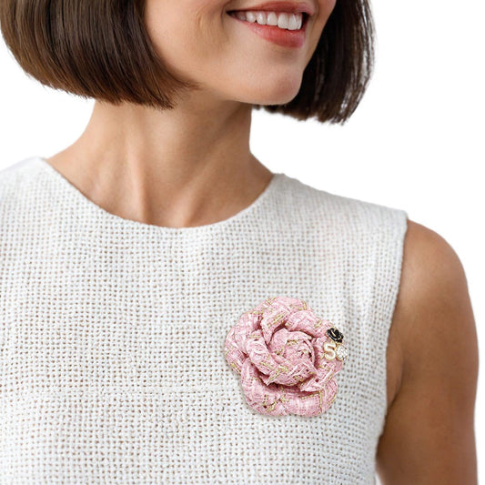 Brooch Couture Pink Tweed Camellia Bloom Pin