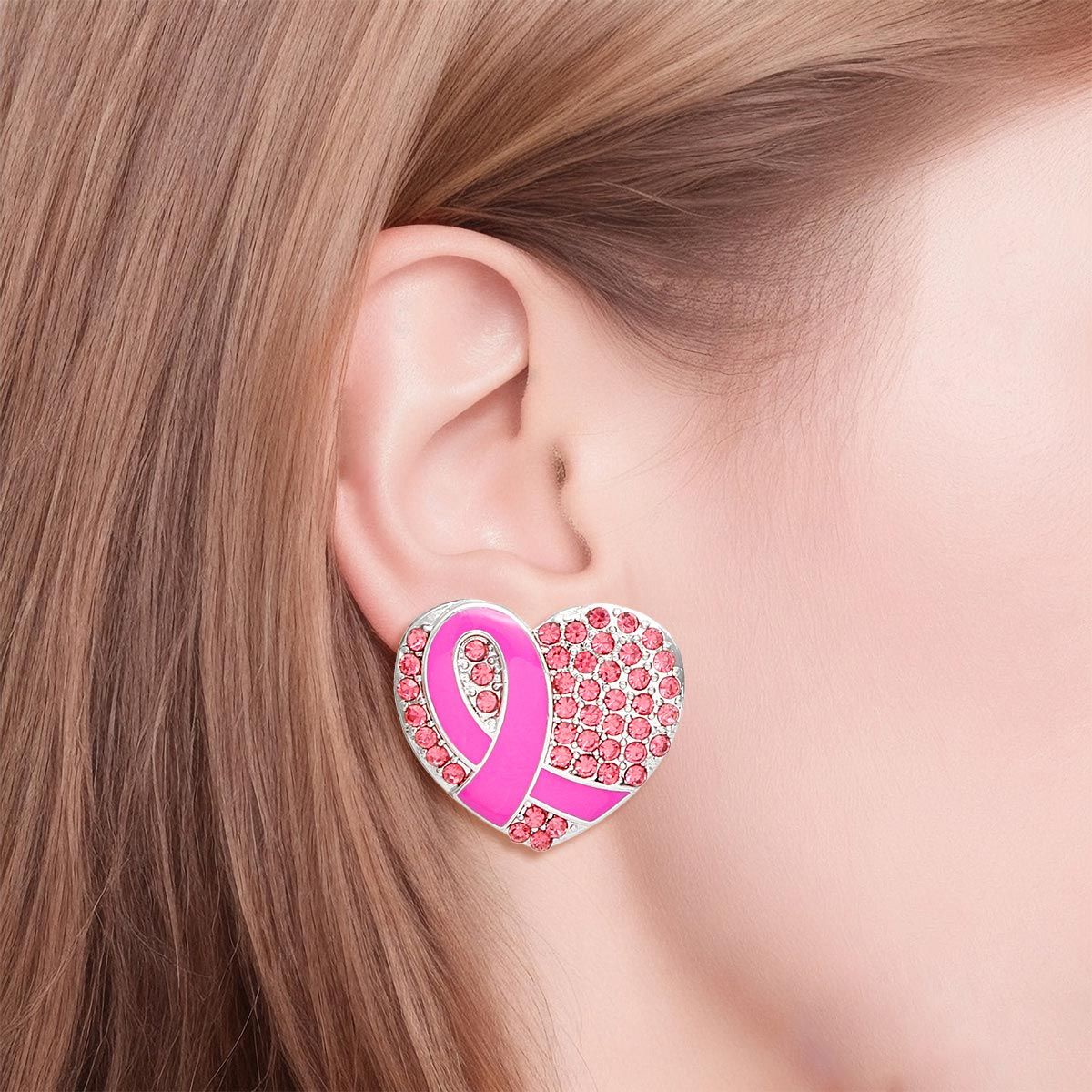 Studs Silver Heart Pink Cancer Ribbon Earrings