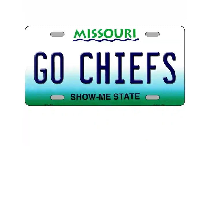 License plate with 'GO CHIEFS' text and Missouri state name on a white background