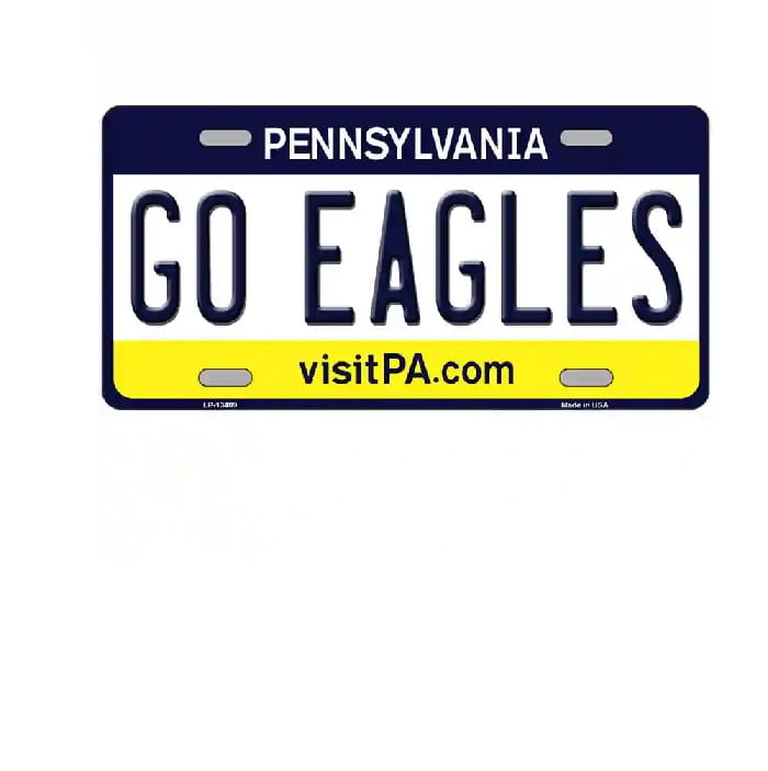 Pennsylvania license plate with 'GO EAGLES' text on a white background