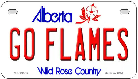 Motorcycle License plate with 'Alberta GO FLAMES Wild Rose Country' text and logo.