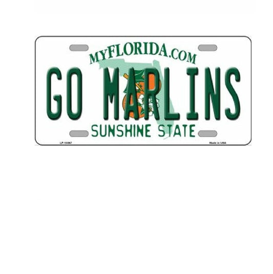 License plate with 'GO MARLINS' text and logo on a white background