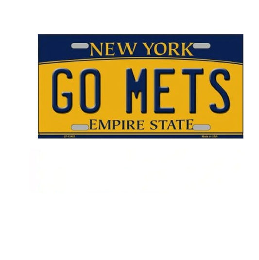 New York license plate with 'GO METS' text on a yellow background