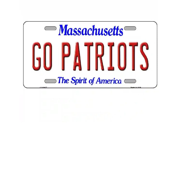Massachusetts license plate with 'GO PATRIOTS' text on a white background