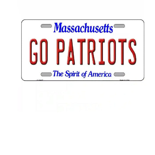 Massachusetts license plate with 'GO PATRIOTS' text on a white background