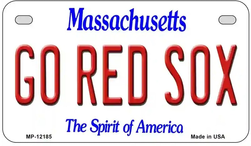 Massachusetts license plate with 'GO RED SOX' text on a white background