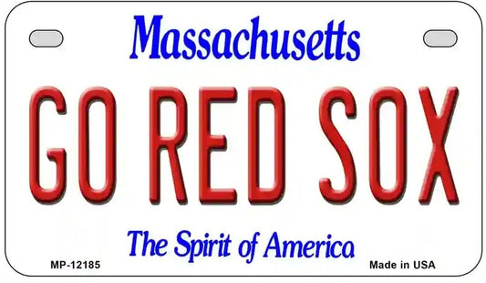 Massachusetts license plate with 'GO RED SOX' text on a white background