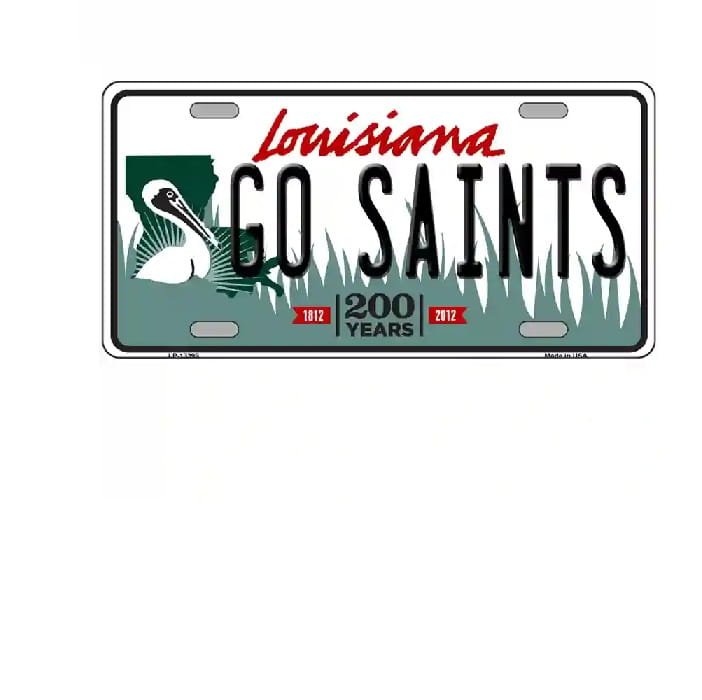 License plate with 'Louisiana GO SAINTS' text and a green background