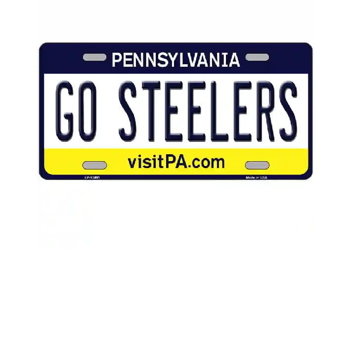 Pennsylvania license plate with 'GO STEELERS' text on a white background