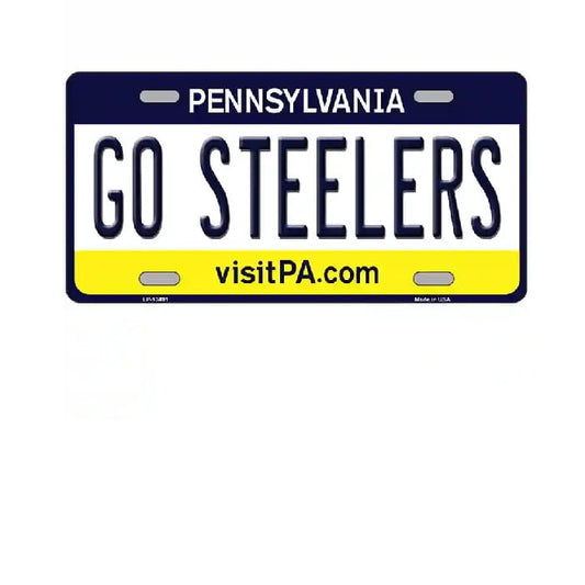 Pennsylvania license plate with 'GO STEELERS' text on a white background