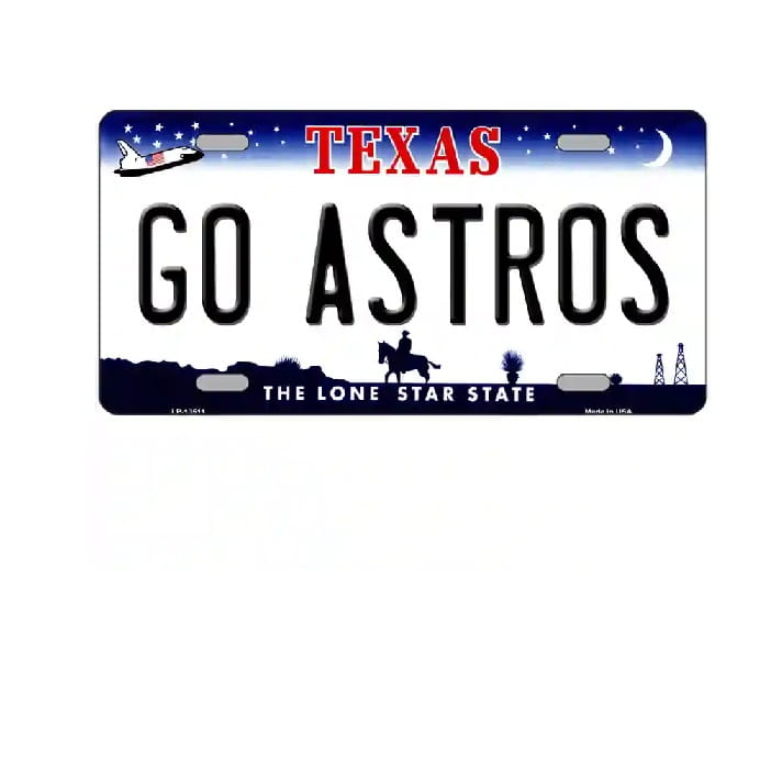 Texas license plate with 'GO ASTROS' text on a white background
