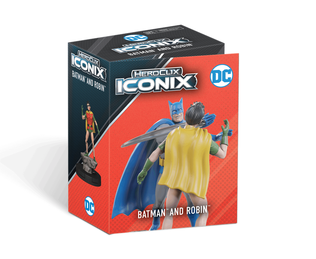 Box packaging for HeroClix Iconix Batman and Robin figures with DC logo.