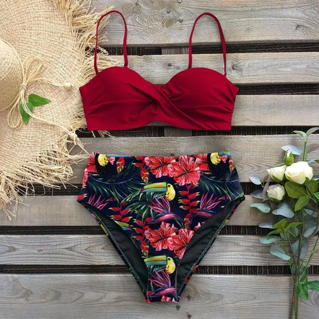 High Waist Bikini Set Women  Bikini Flower Swimwear Women High Waist Bikini Halter Two Piece Bathing Suits Tummy Control Swimsuit Push Up Swimwear Vintage Halter Neck Swimsuit Female Green Bathing Suit