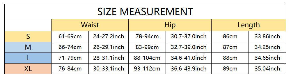 Size measurement chart for clothing with waist, hip, and length dimensions.