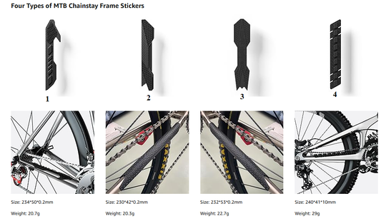 Four types of MTB chainstay frame stickers with corresponding bicycle images and specifications.