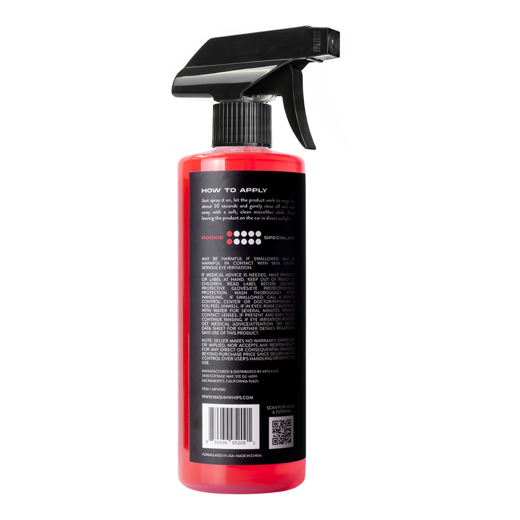 Red spray bottle with black nozzle on a white background
