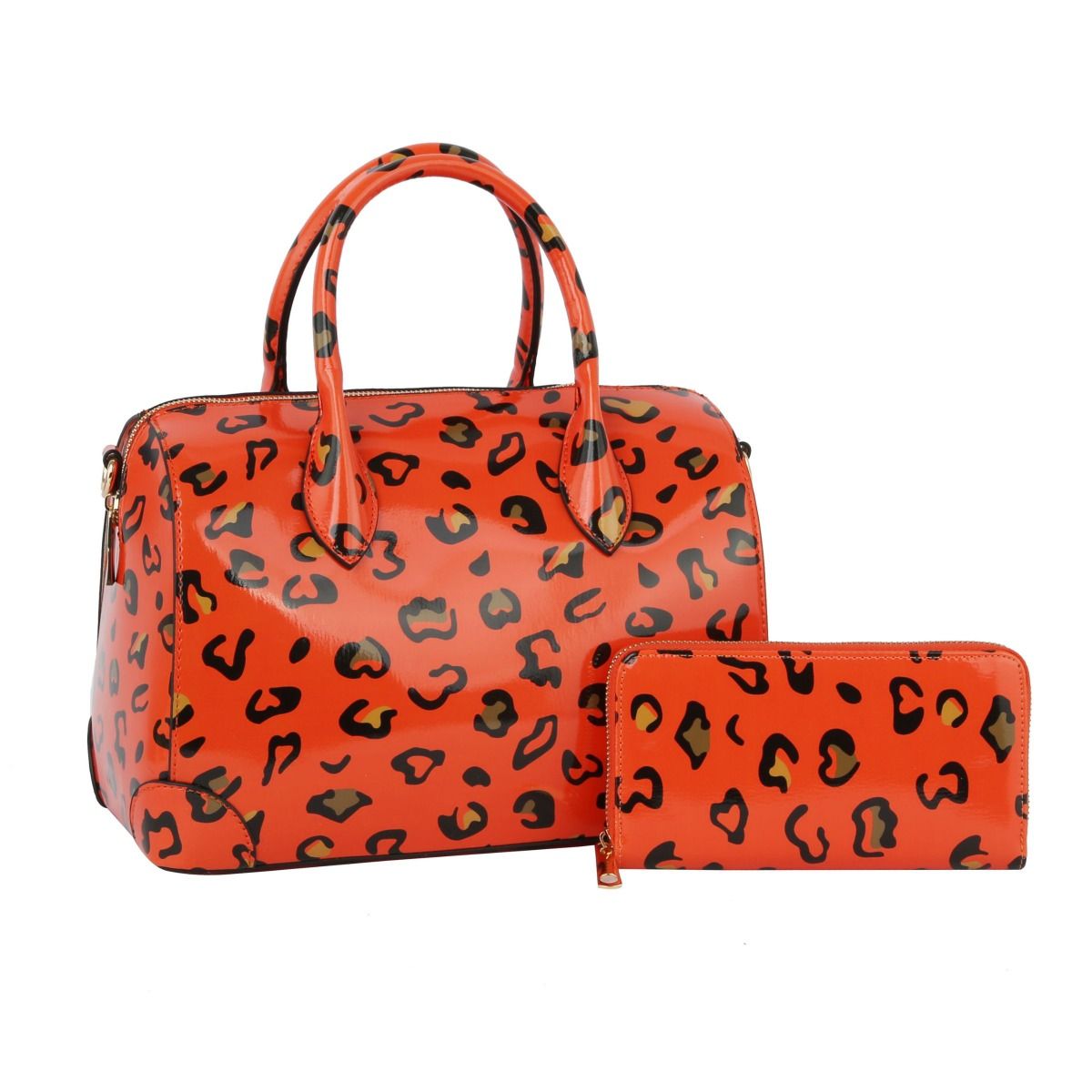 Domed Satchel Neon Orange Leopard Handbag Set