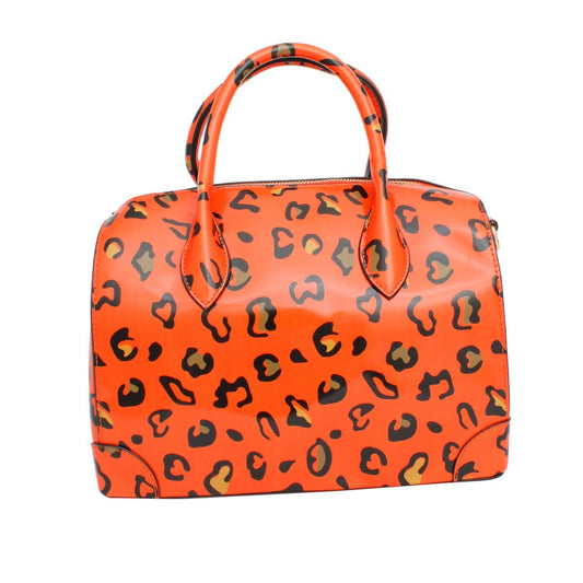 Domed Satchel Neon Orange Leopard Handbag Set