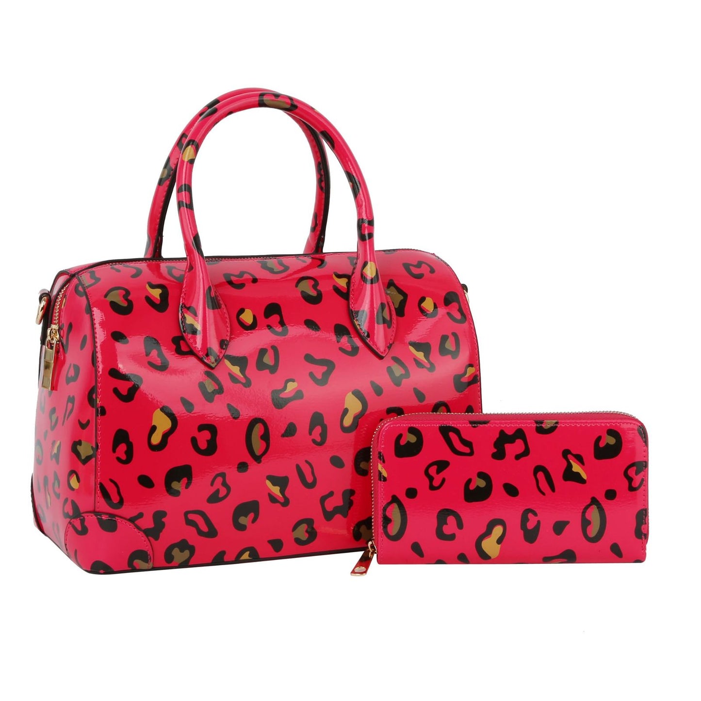Domed Satchel Neon Fuchsia Leopard Handbag Set
