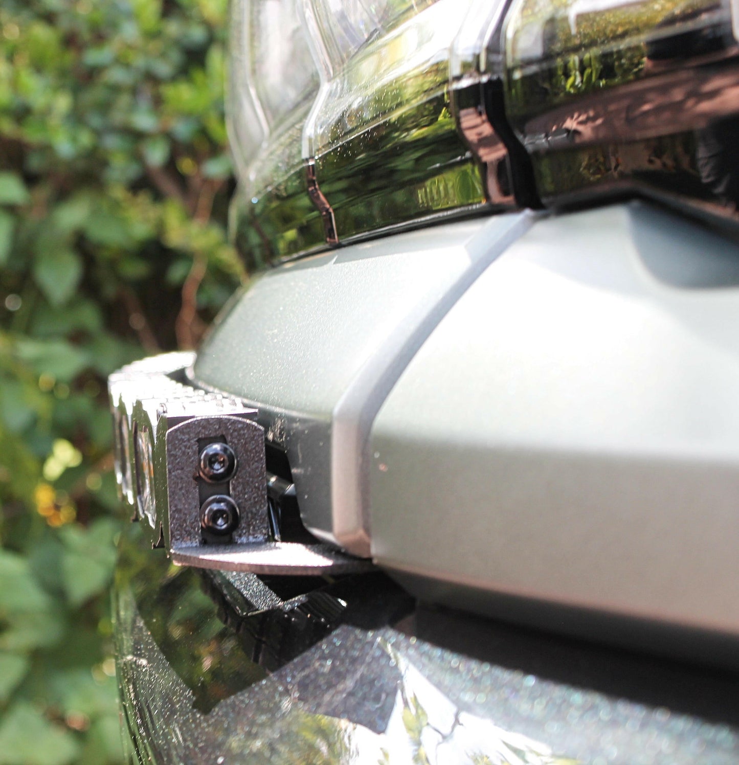 Close-up of a car light with a reflective surface, surrounded by greenery.
