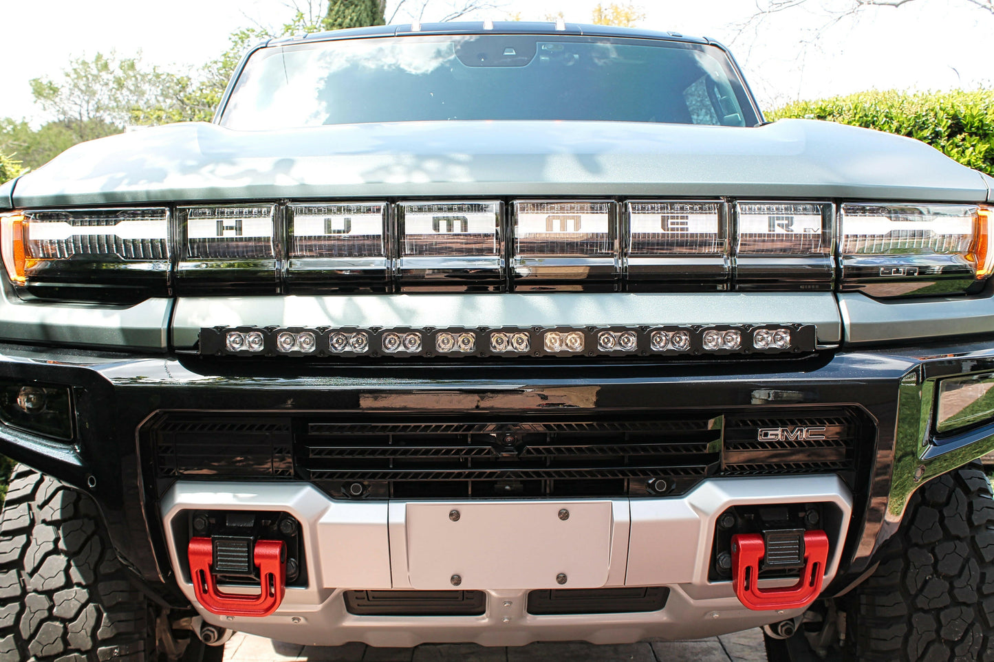 Front view of a hummer truck with additional lighting equipment
