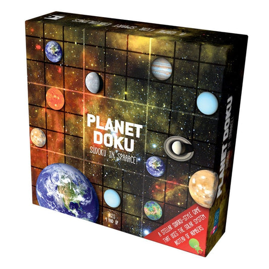 Board game box for 'Planet Doku' with space-themed design and planet illustrations.