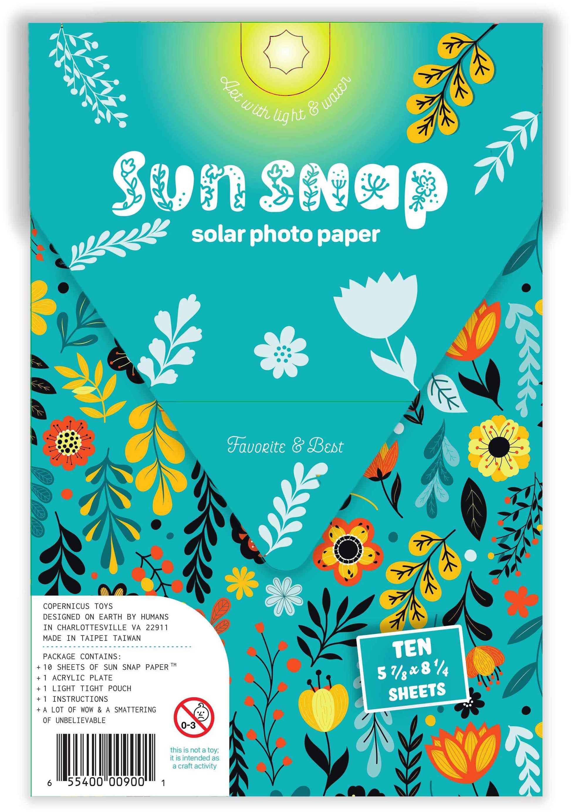 Sun Snap solar photo paper pack with floral design on a blue background