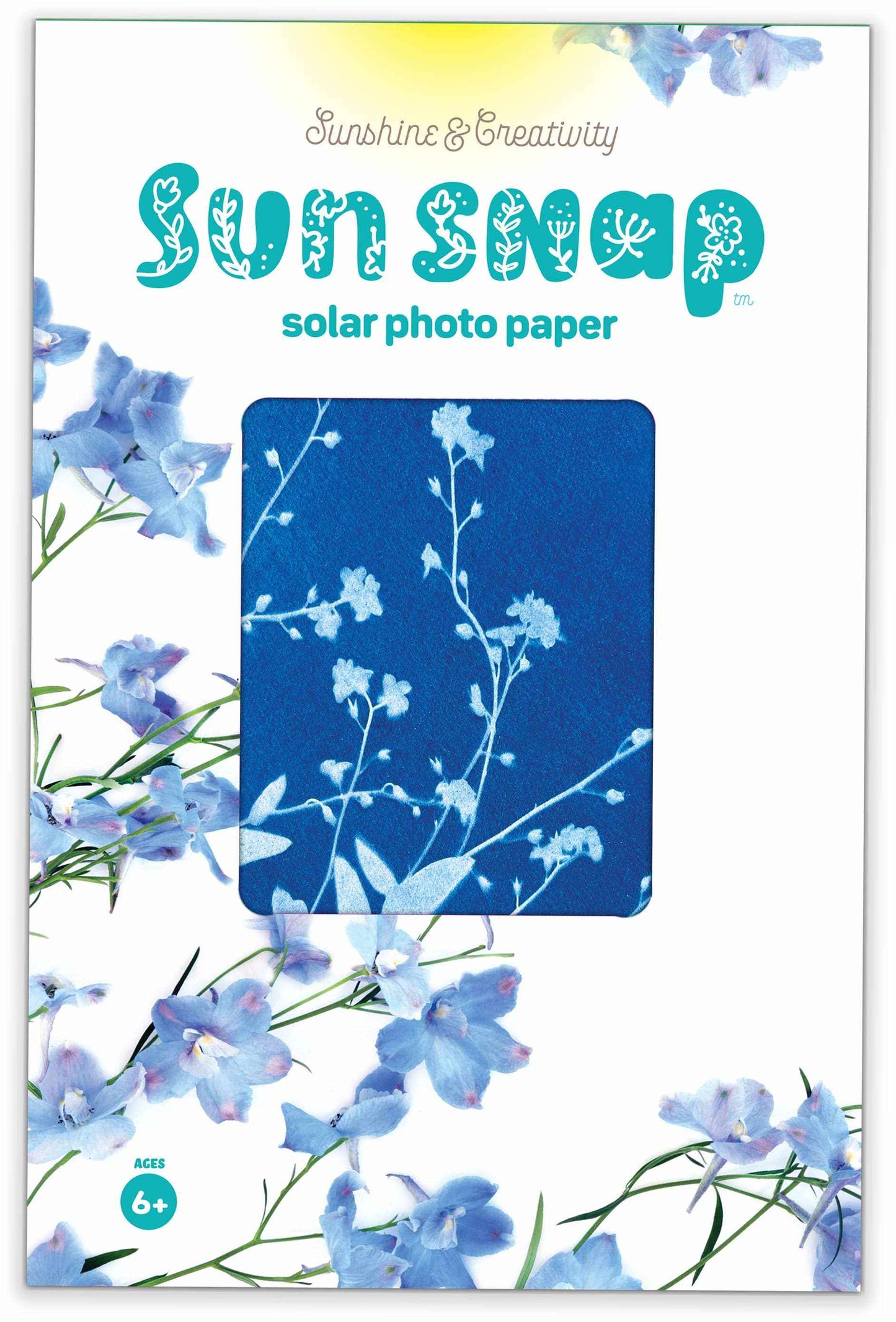 Solar photo paper with blue floral design and 'Sunshine & Creativity' branding.