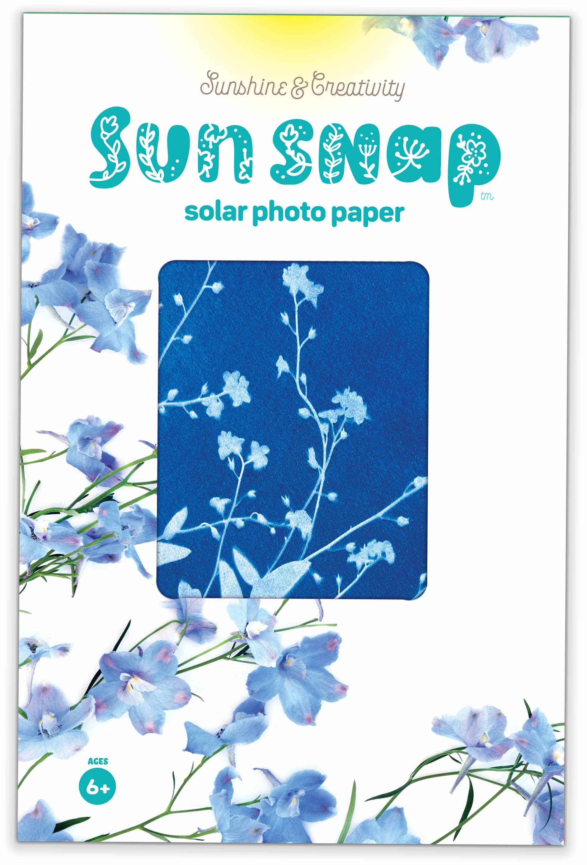 Solar photo paper with blue floral design and 'Sunshine & Creativity' branding.