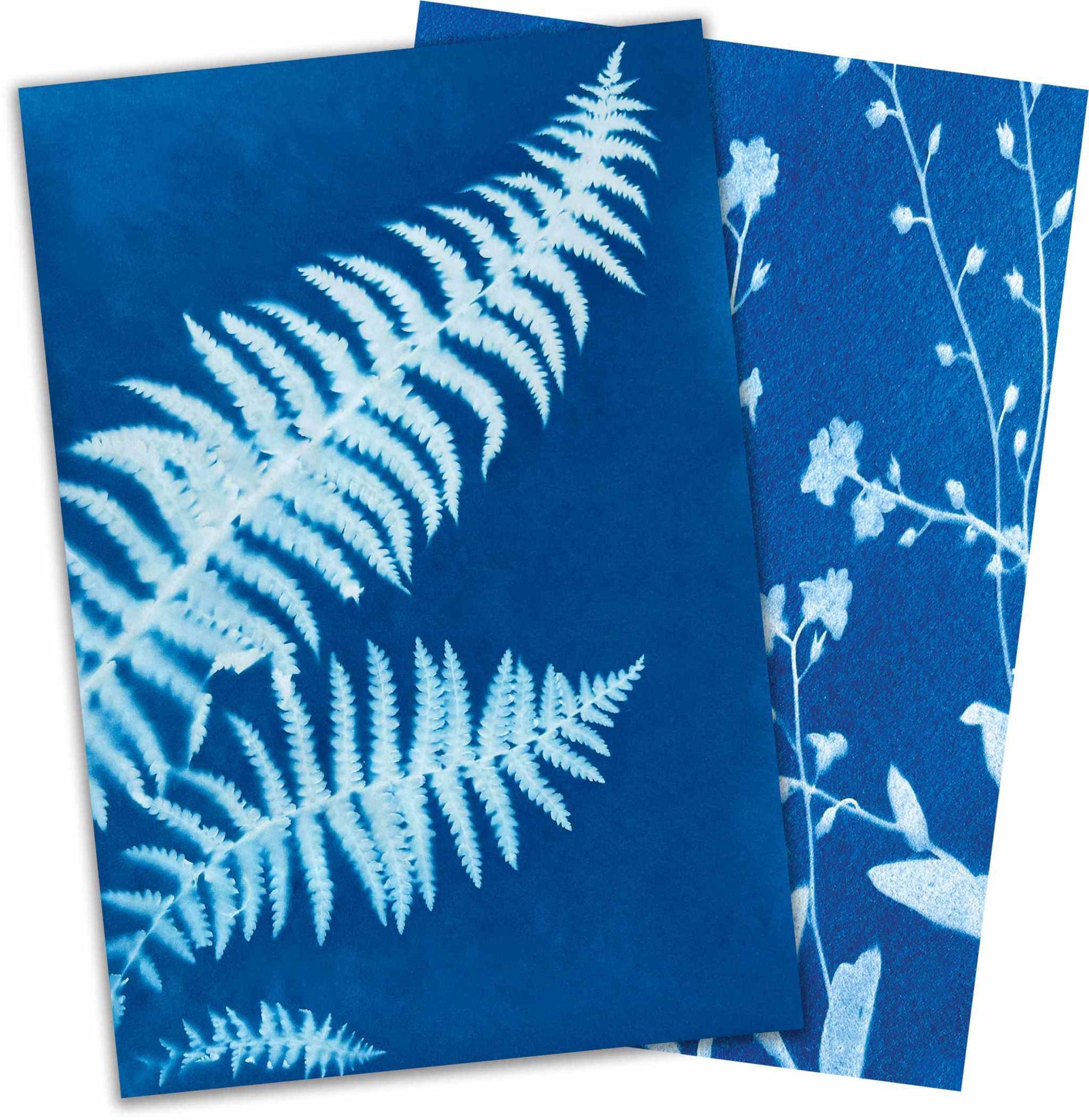 Two blue napkins with white floral and fern designs on a white background