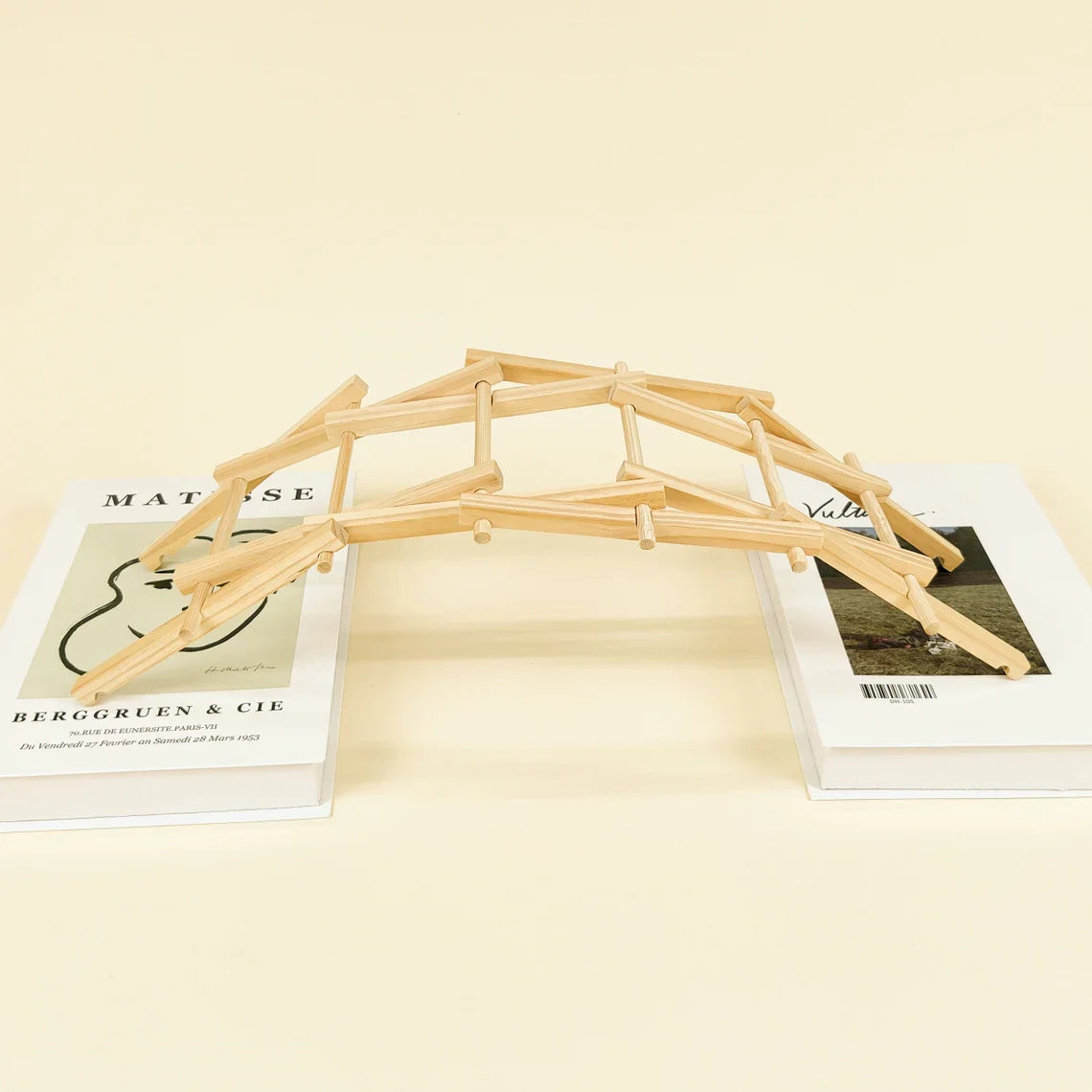 Wooden bridge model on top of books with a plain background