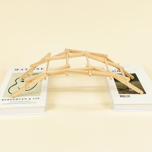 Wooden bridge model on top of books with a plain background
