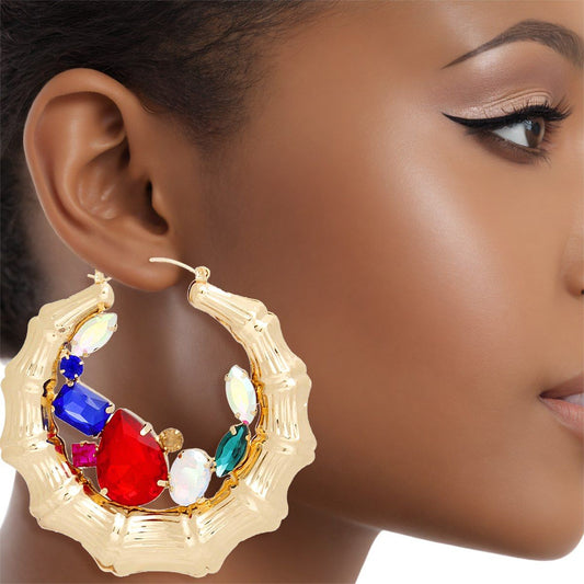 Hoops Gold Bamboo Radiant Crystal Earrings