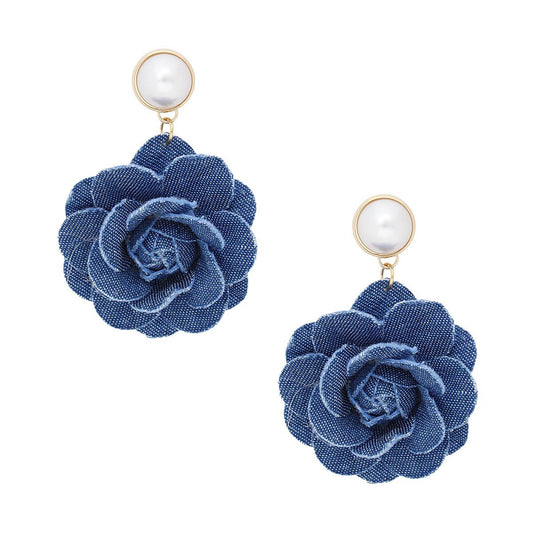 Drop Denim Dimensional Flower Pearl Earrings
