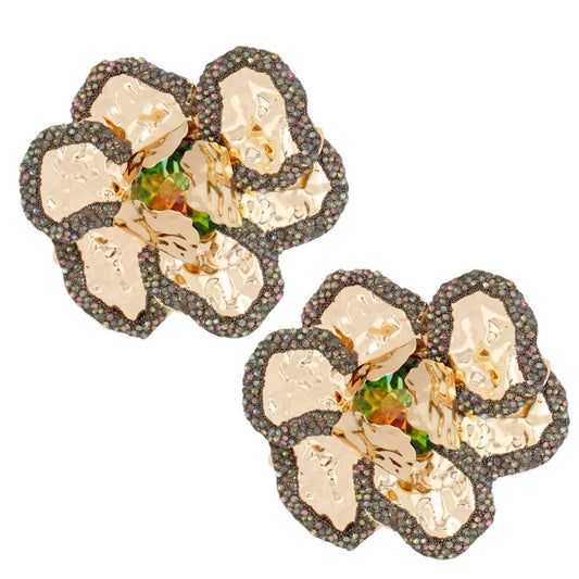 Stud Glamorous Crystal Gold 3D Flower Earrings