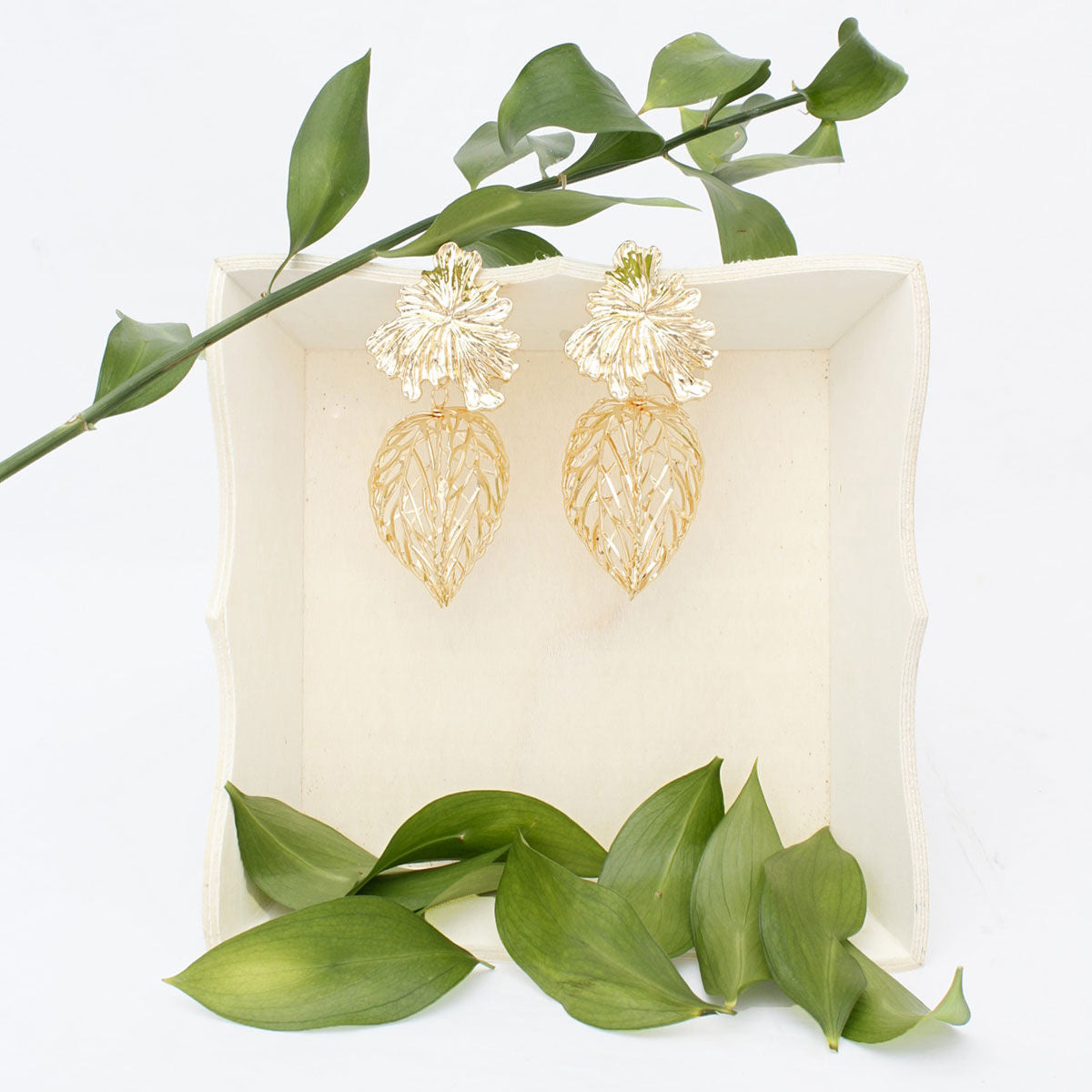 Drop Architectural Gold 3D Caged Leaf Earrings
