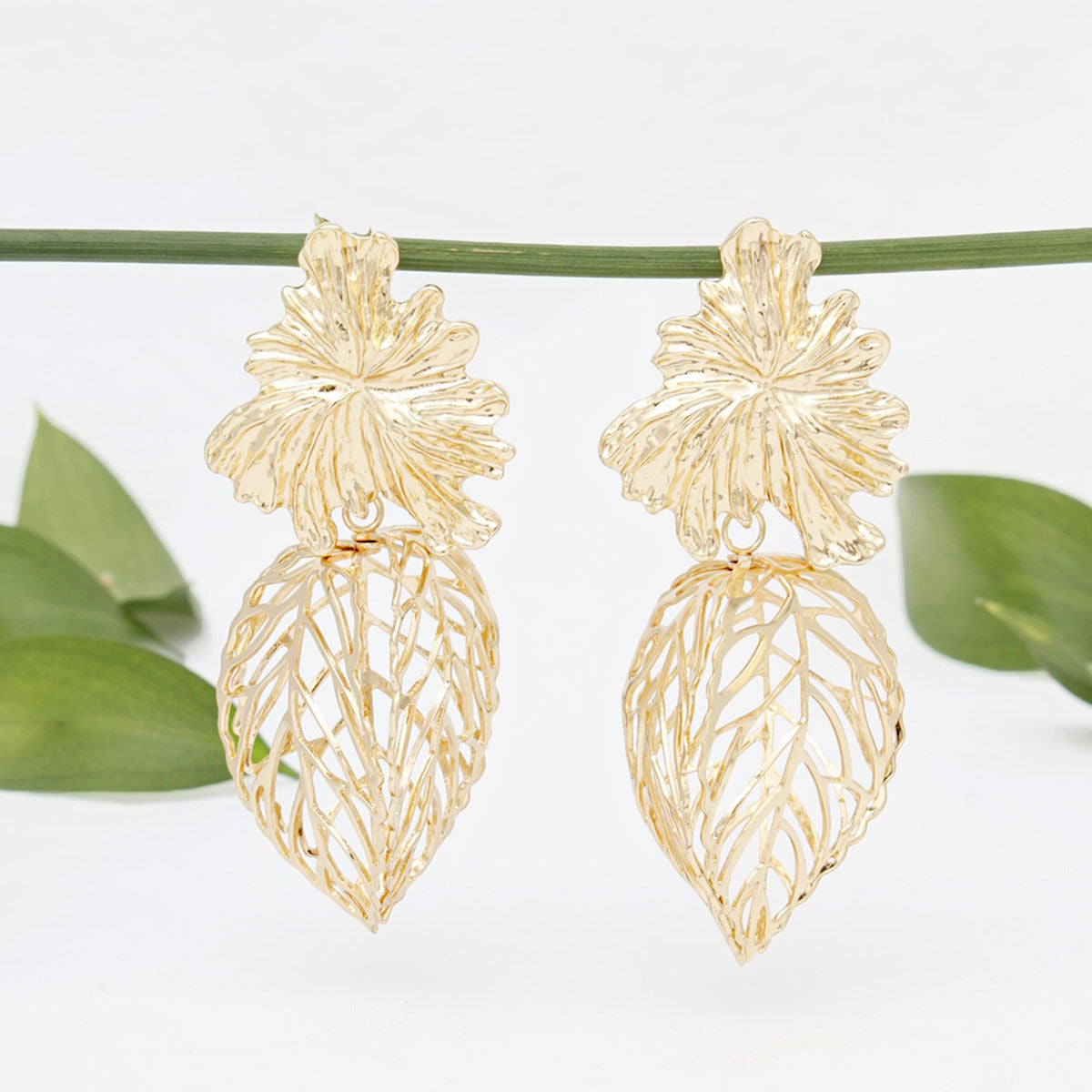 Drop Architectural Gold 3D Caged Leaf Earrings
