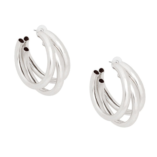 Hoop Triple Threat Silver Metal Tube Earrings