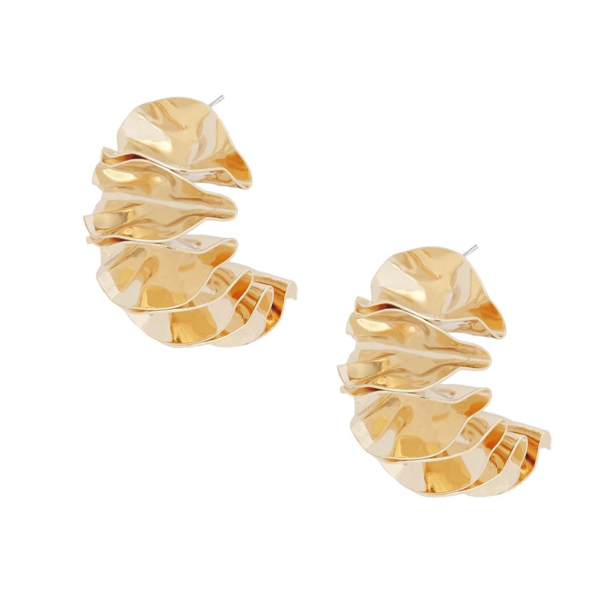 Stud Molded and Folded Gold Metal Fanned Earrings