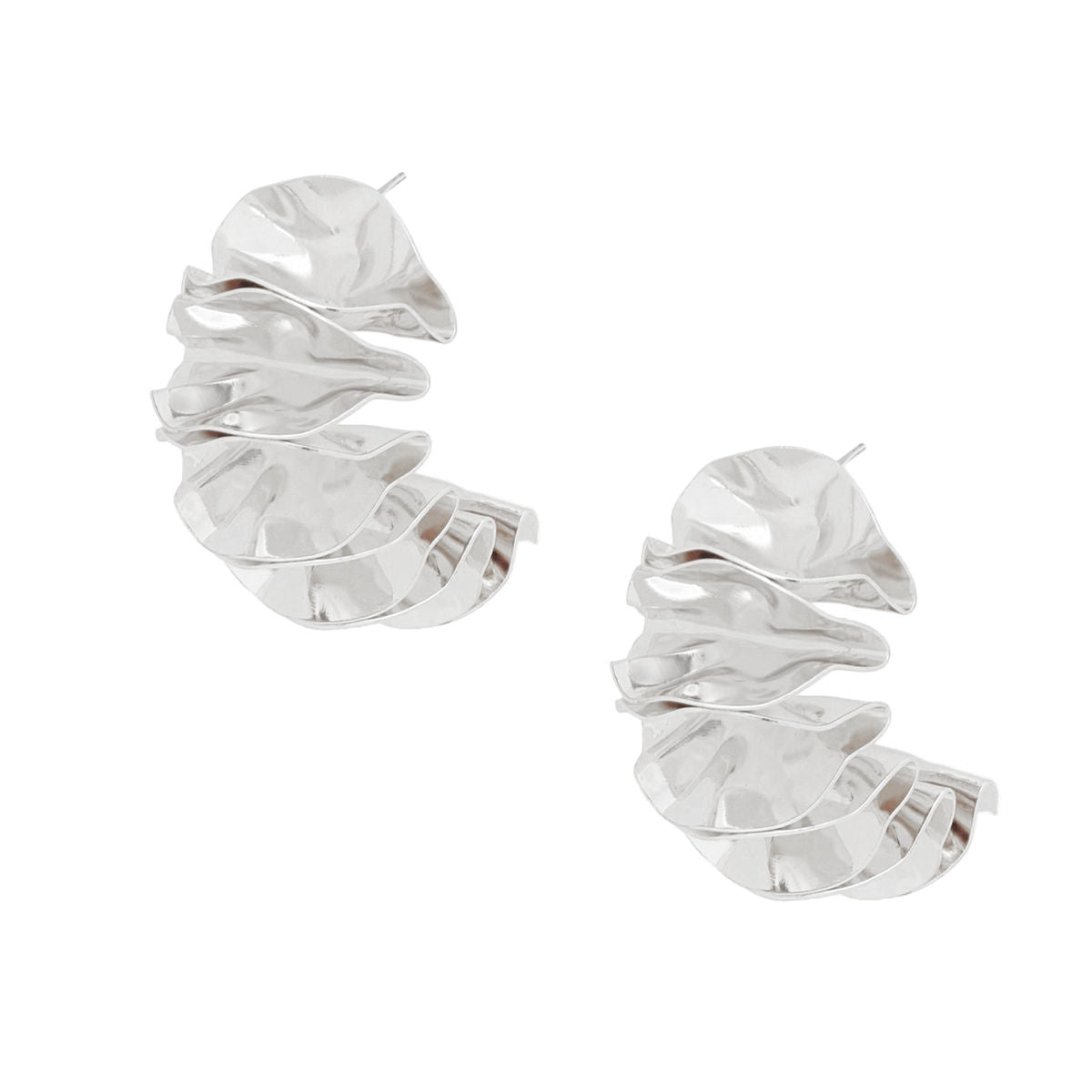 Stud Molded and Folded Silver Metal Fanned Earrings
