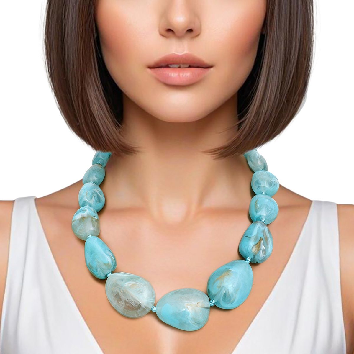 Collar Turquoise Marbled Stone Like Bead Necklace