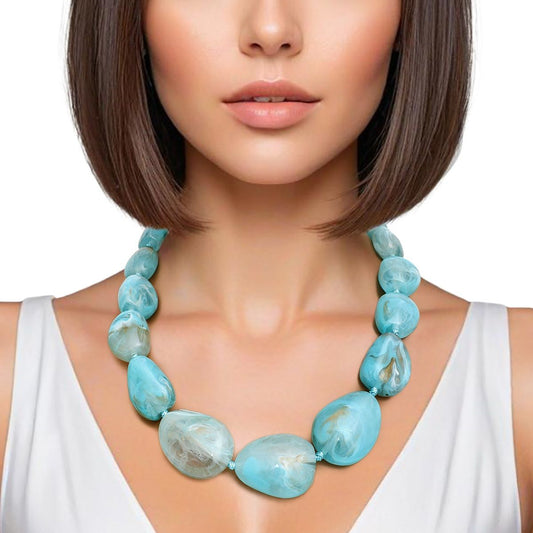Collar Turquoise Marbled Stone Like Bead Necklace