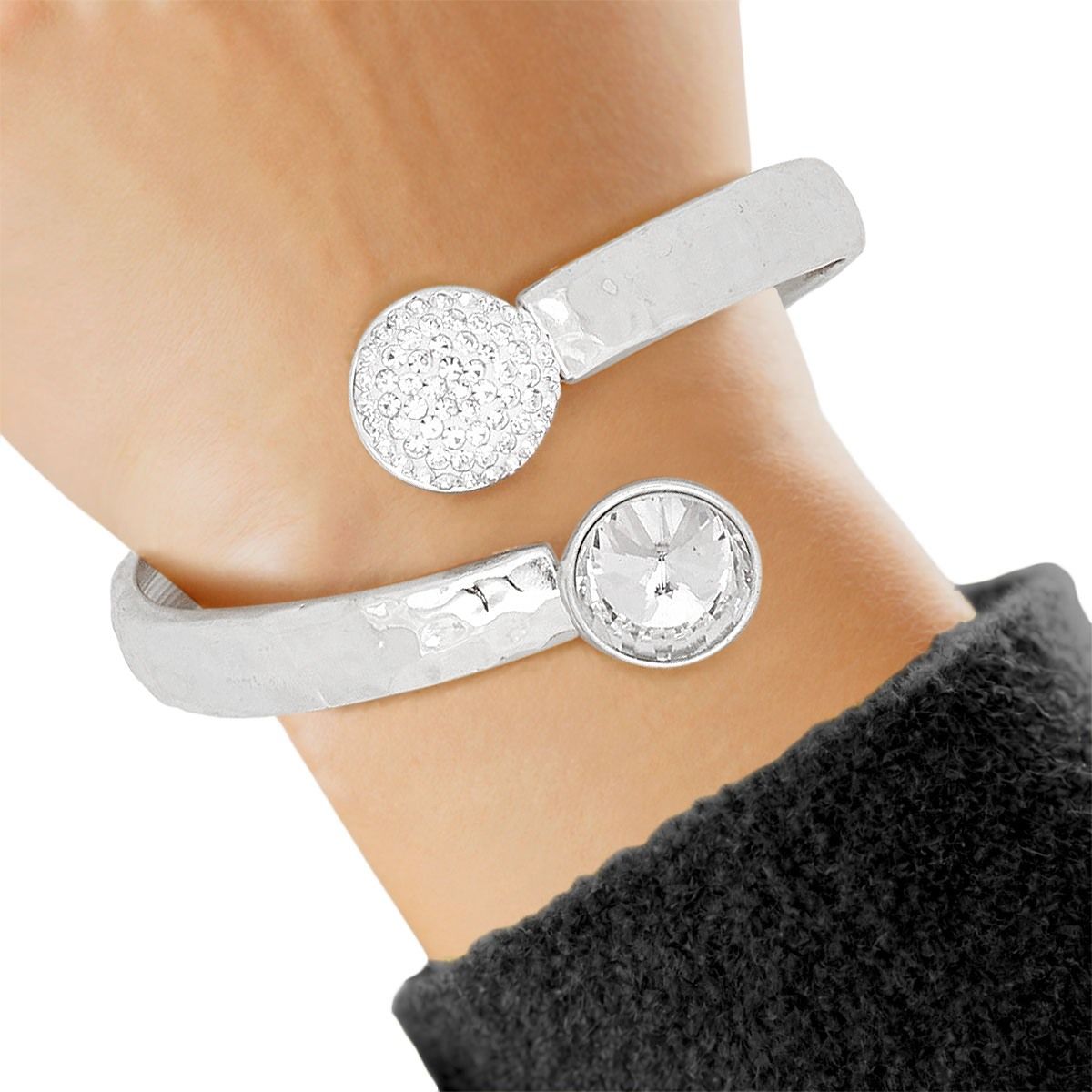 Cuff Hammered Silver Round Crystal Wrap Bracelet
