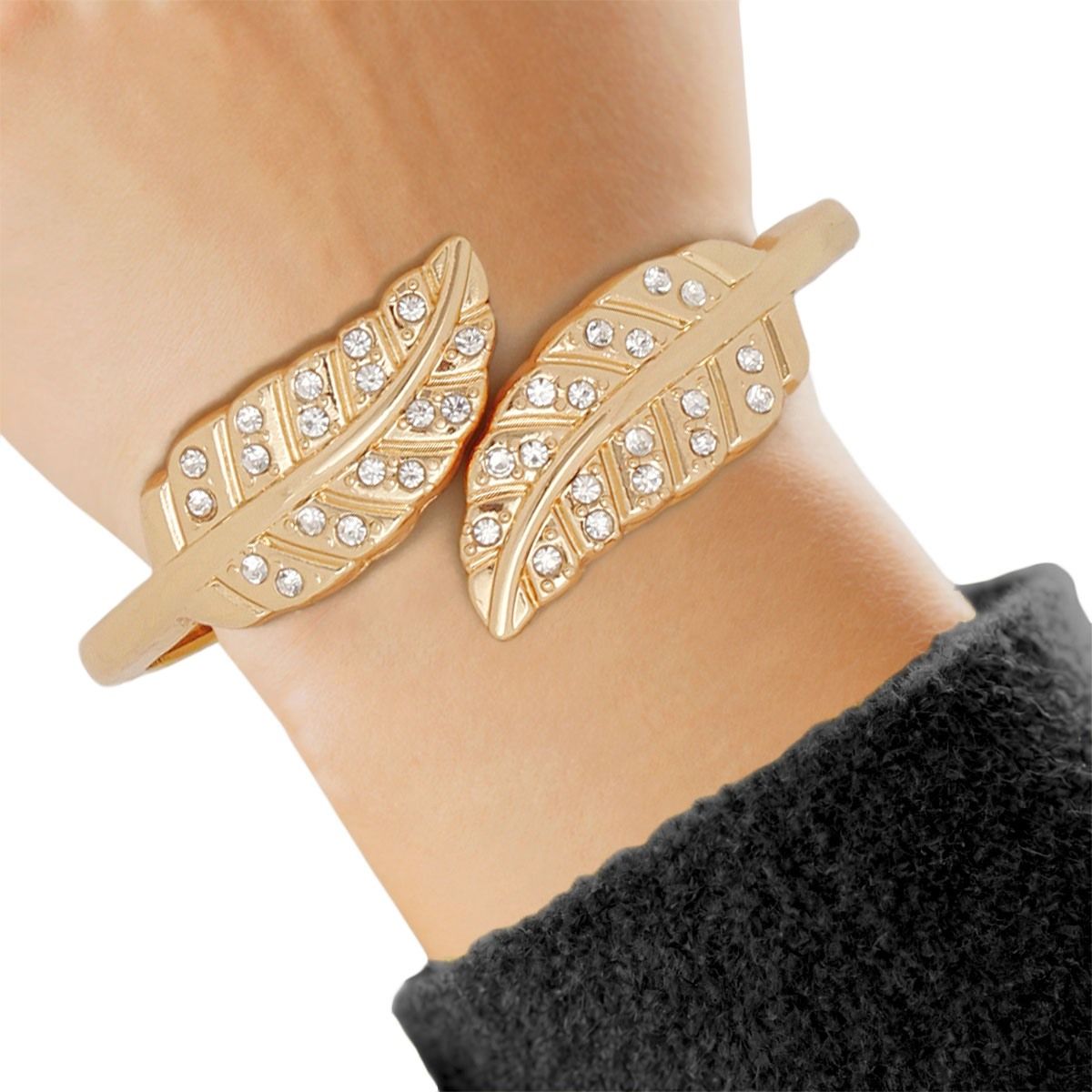 Cuff Polished Gold Rhinestone Wrap Leaf Bracelet