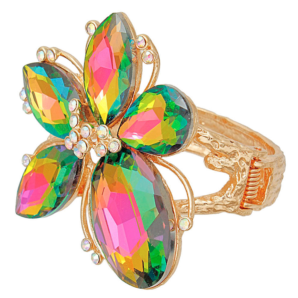 Pink Green iridescent Crystal Flower Hinge Cuff