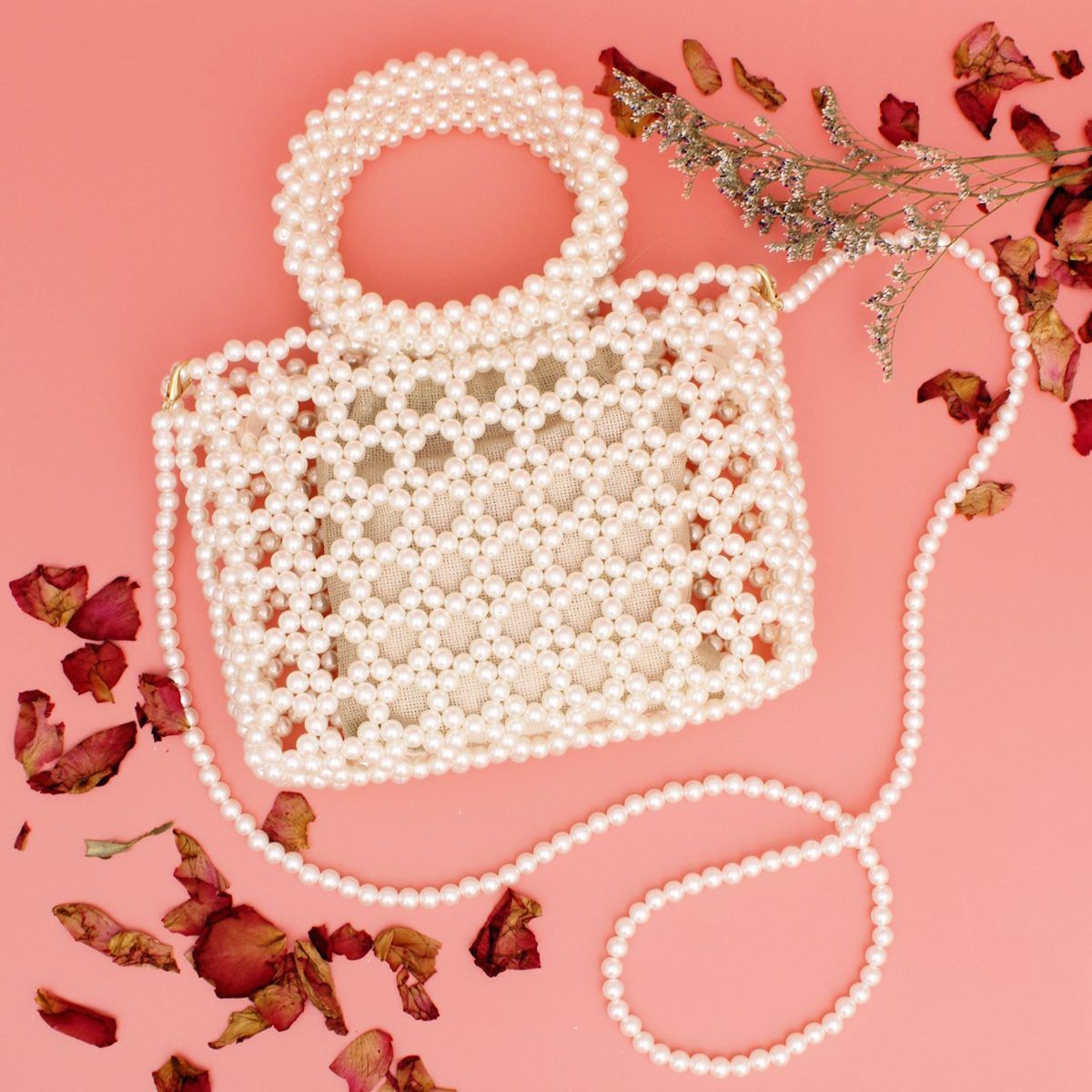 Top Handle Square Cream Pearl Woven Handbag