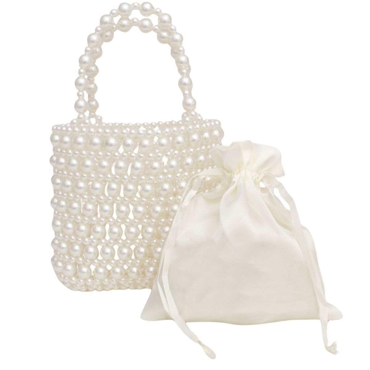 Top Handle Vintage Woven Cream Pearl Crossbody Bag
